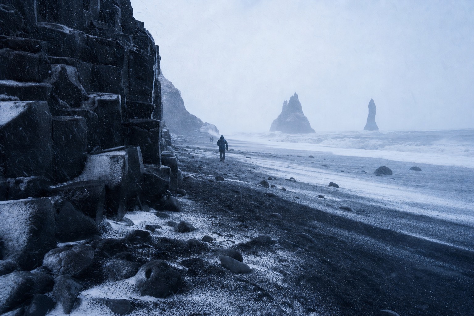 Snow blowing across the black sand and basalt columns of Reynisfjara beach in winter