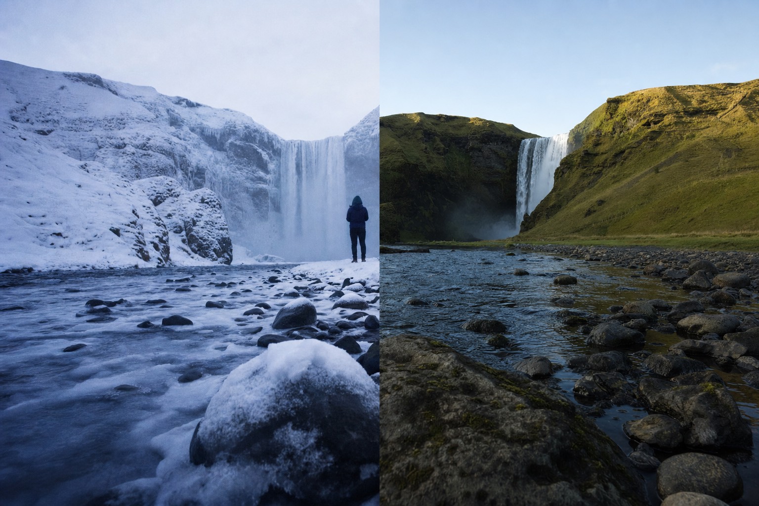Split view of an Icelandic waterfall under winter snow and the same landscape green in summer light