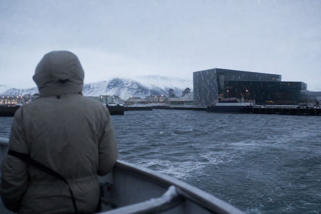 Whale watching boat leaving Reykjavik Old Harbour into choppy grey water, flat winter light