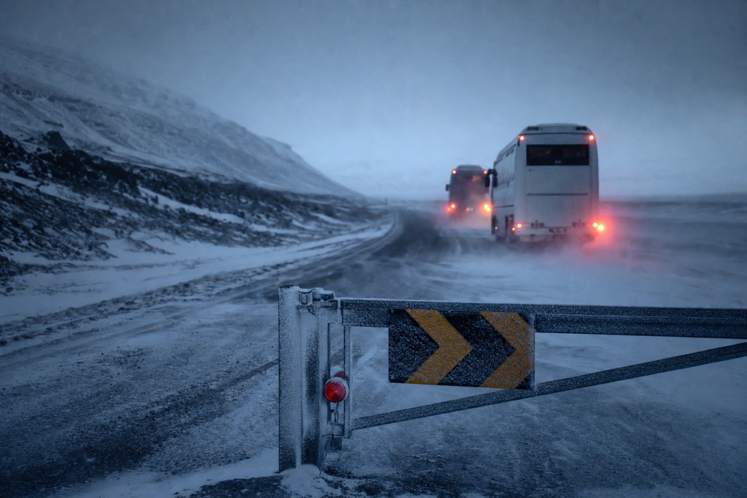 Snow blowing across a closed Icelandic ring road with warning signs and stationary tour coaches