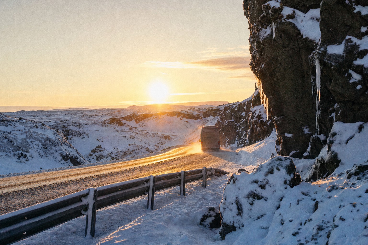 Low winter sun over a snow-covered Icelandic road with a tour coach in the distance
