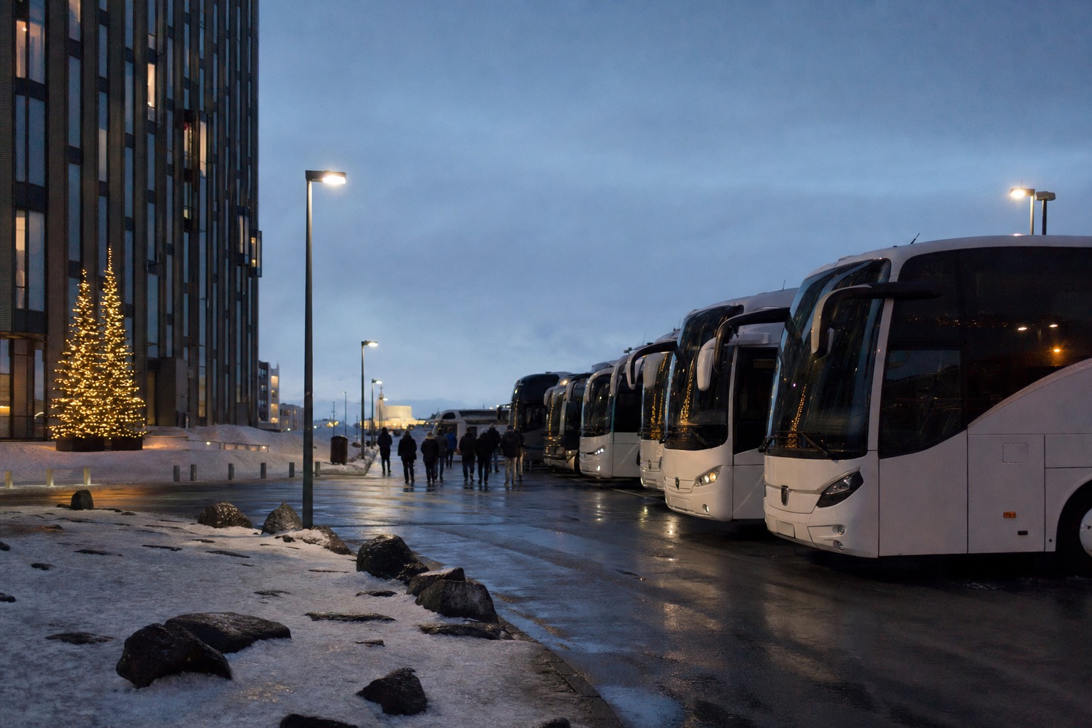 Row of tour coaches from different Icelandic operators parked in the dark outside a Reykjavik hotel