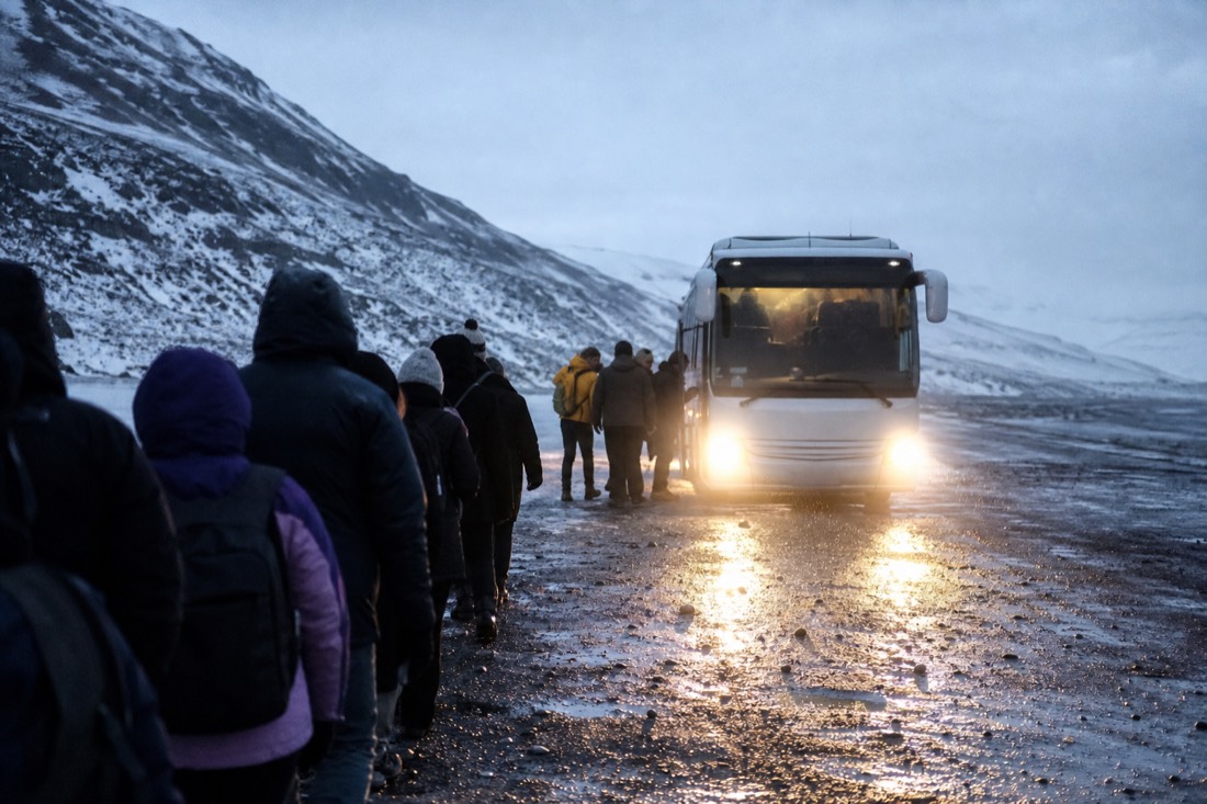 Line of travellers seen from behind boarding a coach at a snowy pickup stop, headlights glaring
