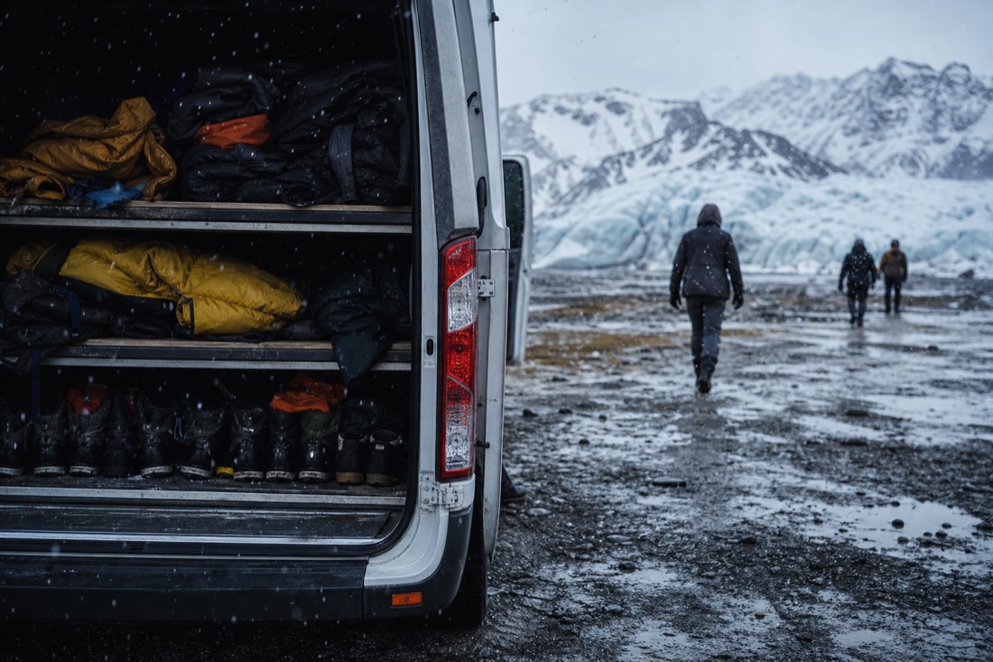 Rented boots and outer layers stacked in the open back of a tour van in falling snow