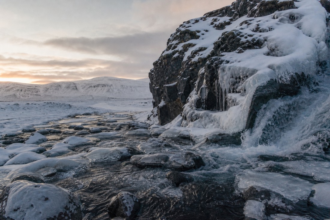 Snow-covered Icelandic countryside on a three-day winter tour of the Golden Circle and South Coast