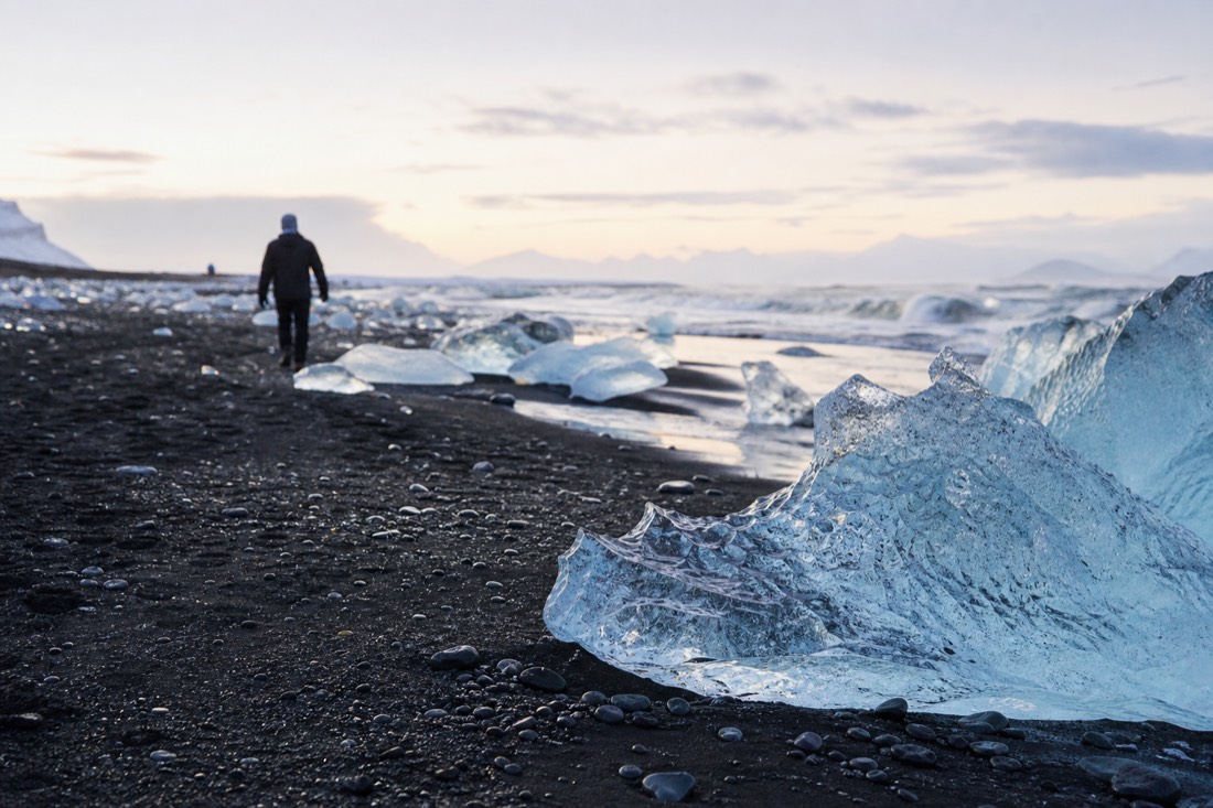 Icebergs on the black sand near Jökulsárlón, reached on a multi-day Iceland winter package
