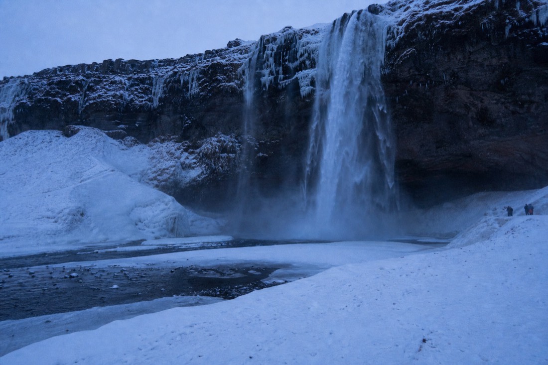 Pre-dawn blue twilight at Seljalandsfoss, enough light to see the falls with no sun yet