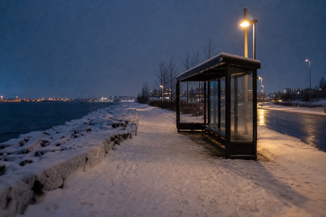 Empty Reykjavik bus stop in December darkness, packed snow underfoot and street lamps on