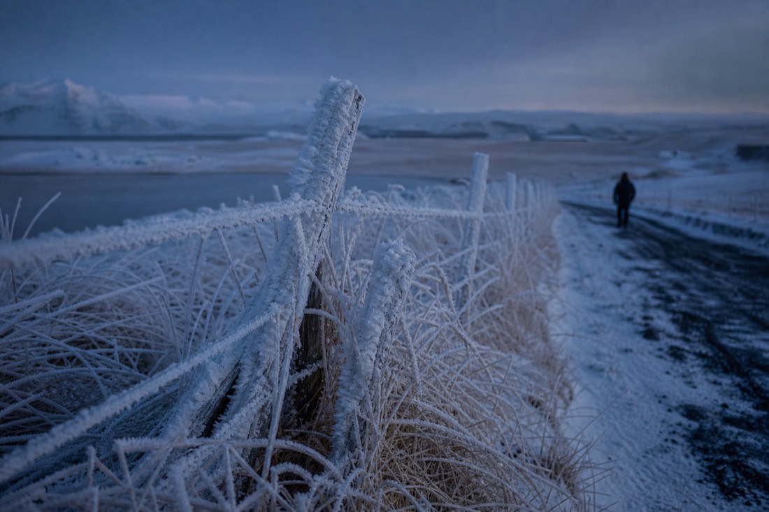 Hard frost and rime on a fence and grass beside a snowy January road in south Iceland